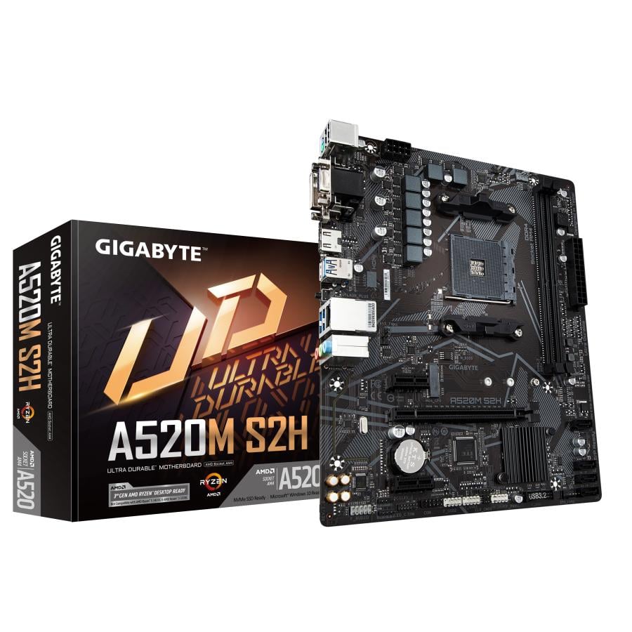 Gigabyte A520M S2H, mATX, AMD,AM4, a520, Ryzen 3 3rd Gen, 64GB, 2x DIMM DDR4, 5000 MHz, USB3.1, M.2