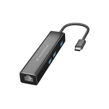 Conceptronic DONN07B DONN 3-Port USB Hub with Gigabit Network Adapter, USB 3.2 Gen 1 Type-C, RJ45
