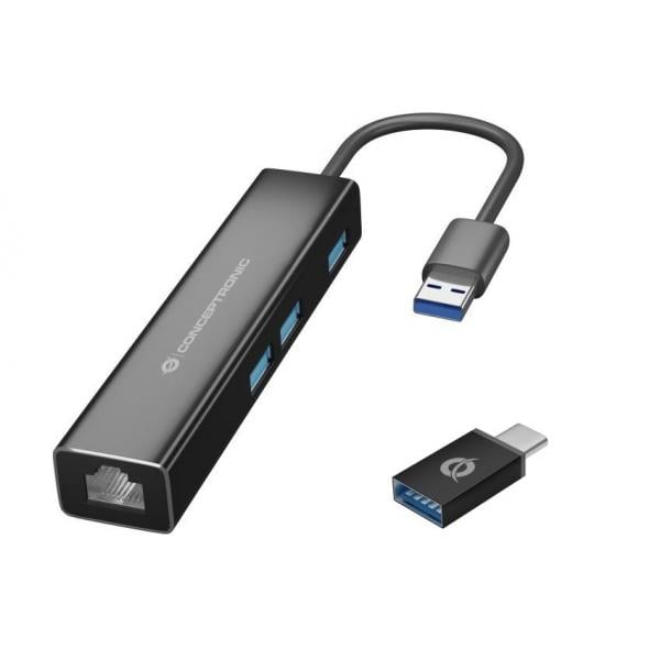 Conceptronic DONN07BA USB 3.2 Gen 1 Type-A, 10,100,1000 Mbit/s, Black, RJ45, USB 3.2 Gen 1 Type-A