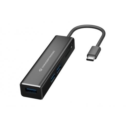 Conceptronic DONN08B DONN 3-Port USB Hub with Card Readers, USB 3.2 Gen 1 Type-C, SD, USB 3.2 Gen 1