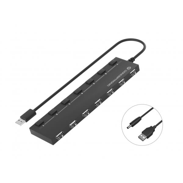Conceptronic HUBBIES08B 7-Port USB 2.0 Hub, USB 2.0, USB 2.0, 480 Mbit/s, Black, 0.9 m
