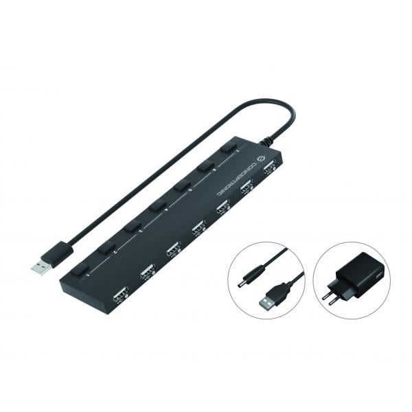 Conceptronic HUBBIES08BP 7-Port USB 2.0 Hub with Power Adapter, USB 2.0, USB 2.0, 480 Mbit/s