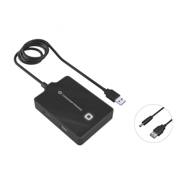 Conceptronic HUBBIES10B HUBBIES 4-Port USB 3.0/2.0 Hub, 90cm cable, USB 3.2 Gen 1 Type-A, Black