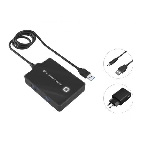 Conceptronic HUBBIES11BP HUBBIES 4-Port USB 3.0 HUB with Power Adapter, 90 cm, USB 3.2 Gen 1 Type-A