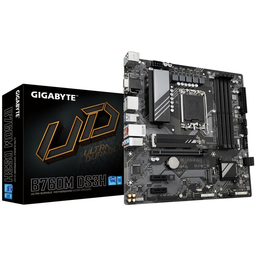 Gigabyte B760M DS3H, mATX, Intel LGA1700, B760, DDR5-SDRAM, 192 GB, USB 3.2, M.2, 2.5 GbE