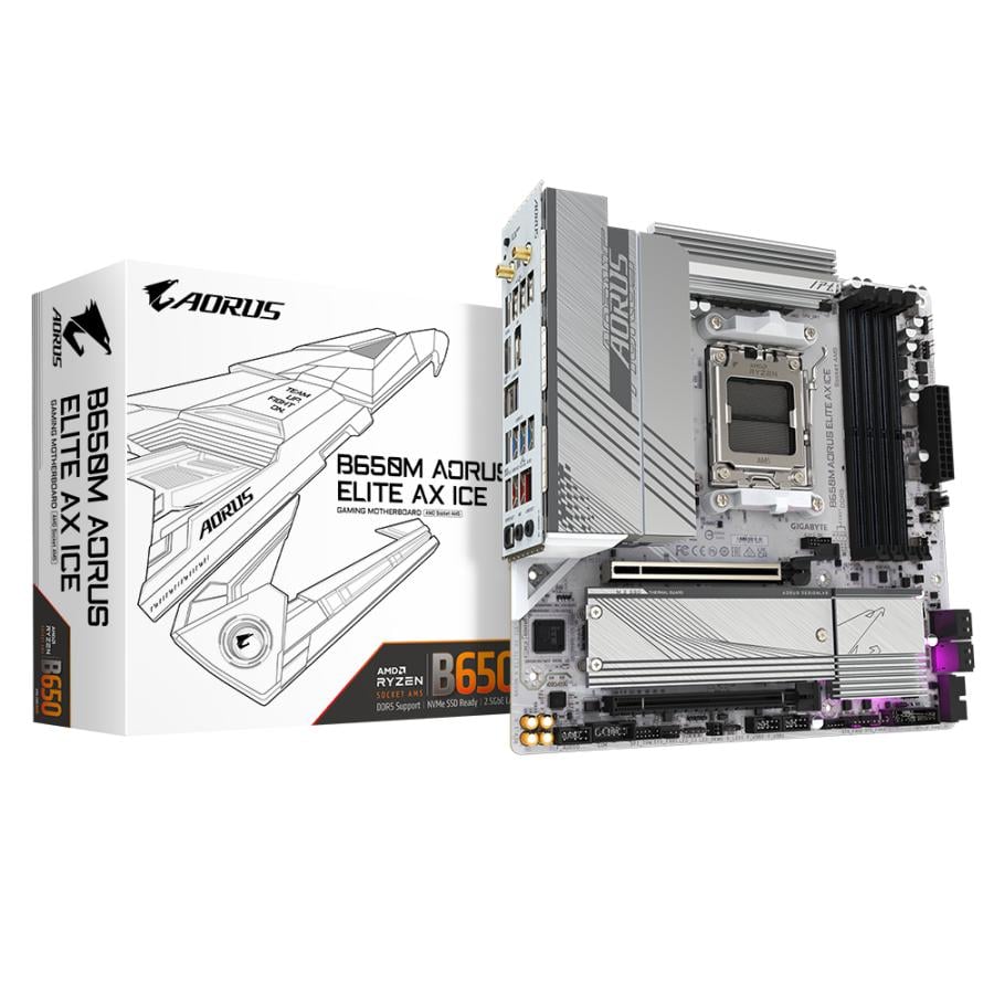 Gigabyte B650M A ELITE AX ICE, mATX, AMD AM5, B650, 4x DDR5 DIMM, USB 3.2 Gen 2, 2.5GbE, Wi-Fi 6E