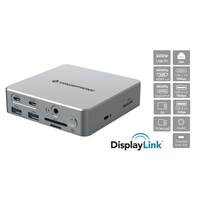 Conceptronic DONN25G 15-in-1 DisplayLink USB 3.2 Gen 2 Docking Station, Triple 4K60Hz, HDMI, DP, USB
