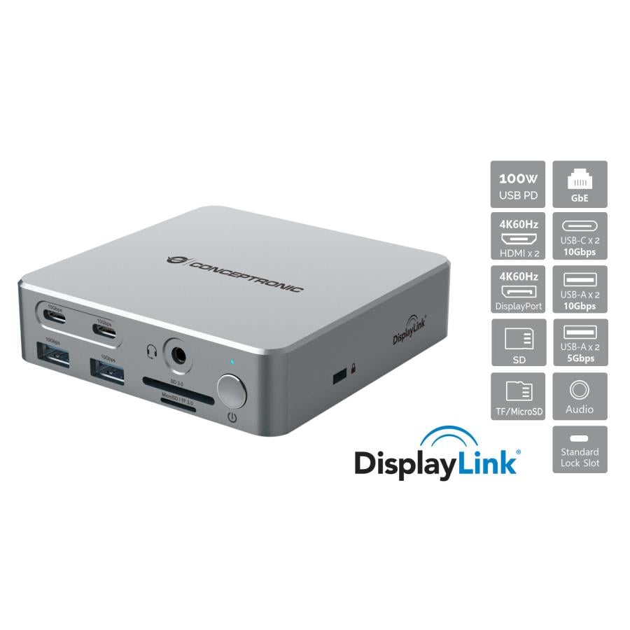 Conceptronic DONN25G 15-in-1 DisplayLink USB 3.2 Gen 2 Docking Station, Triple 4K60Hz, HDMI, DP, USB