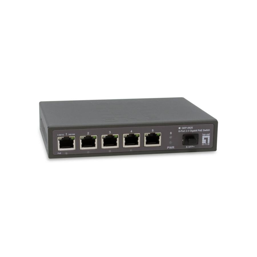 Levelone 52092503101 GEP-0625 6-Port 2.5 Gigabit PoE Switch,802.3af/at/bt, 5-Port, 1x 10G/SFP+,Power