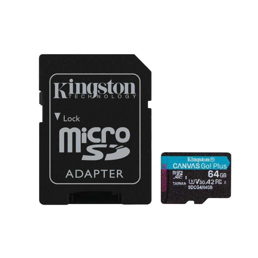 Kingston SDCG4/64GB Canvas Go Plus Gen4 microSDXC + Adapter, 64 GB, Class 10, A2 U3 V30, 200 MB/s