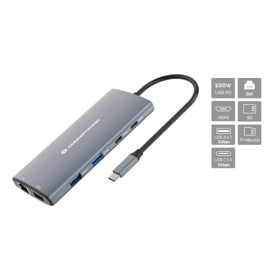 Conceptronic 110515507201 DONN06G 10-in-1 USB 3.2 Gen 1 Docking Station, HDMI, 2x USB-C 5Gbps, 100W