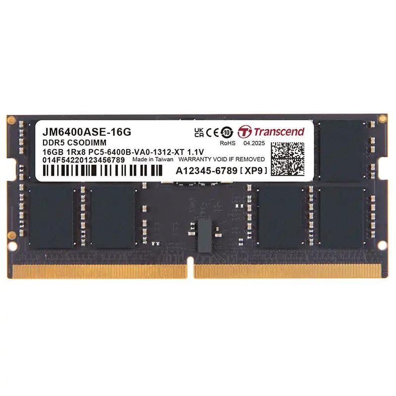 Transcend JM6400ASE-16G JetRAM SO-DIMM, 16GB, DDR5, 6400 Mhz, 1Rx8, 2Gx8, CL52, 1.1V