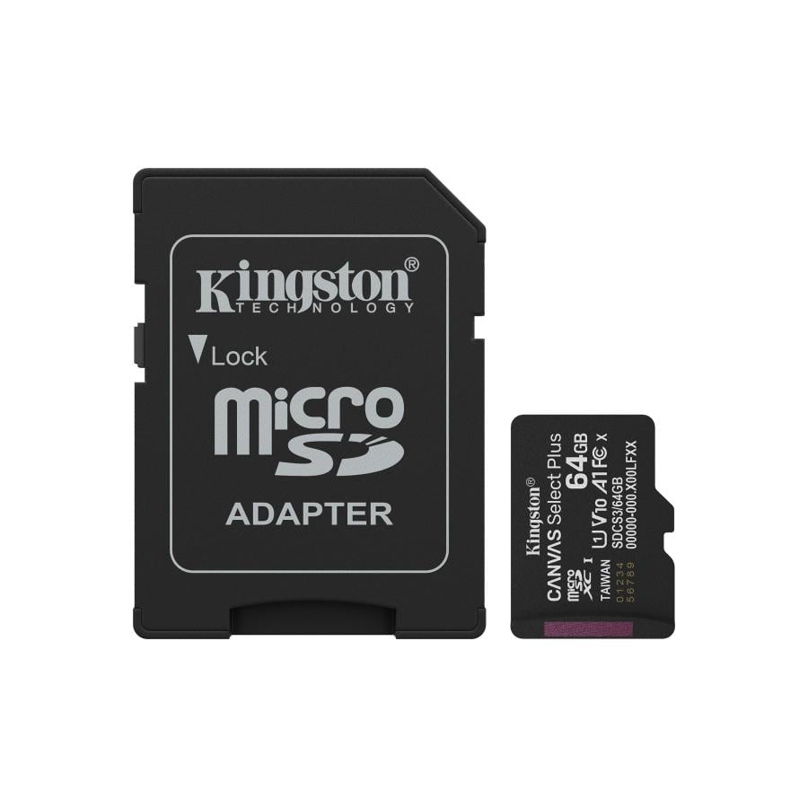 Kingston SDCS3/64GB Canvas Select Plus MicroSDXC + Adapter, 64 GB, Class 10, UHS-I, 100 MB/s, U1