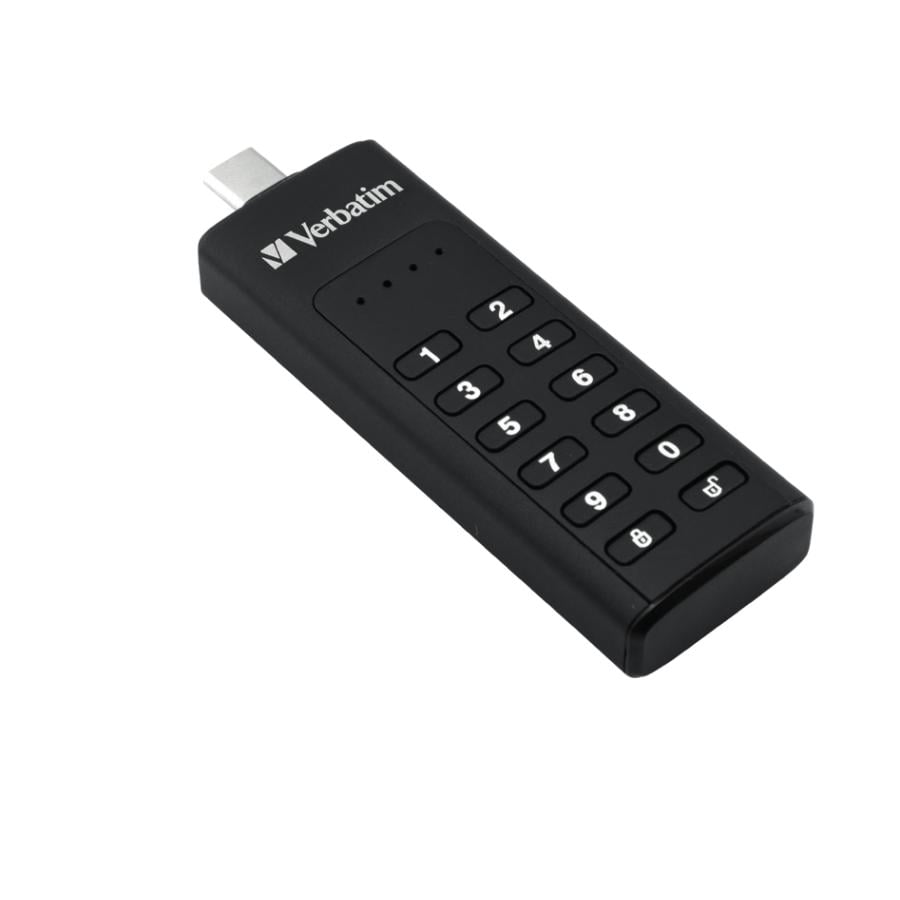 Verbatim 49432 Keypad Secure USB Drive, 128 GB, USB Type-C, 3.2 Gen 1, Capless, HW Encrypt, Black