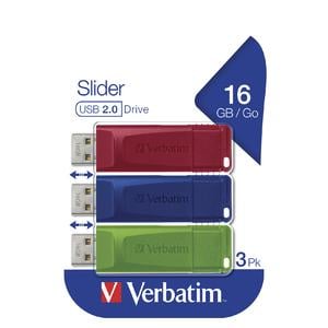 Verbatim 49326 Slider USB Drive, 3x 16 GB - USB Type-A, 2.0, Slide, 8 g, Blue, Green, Red