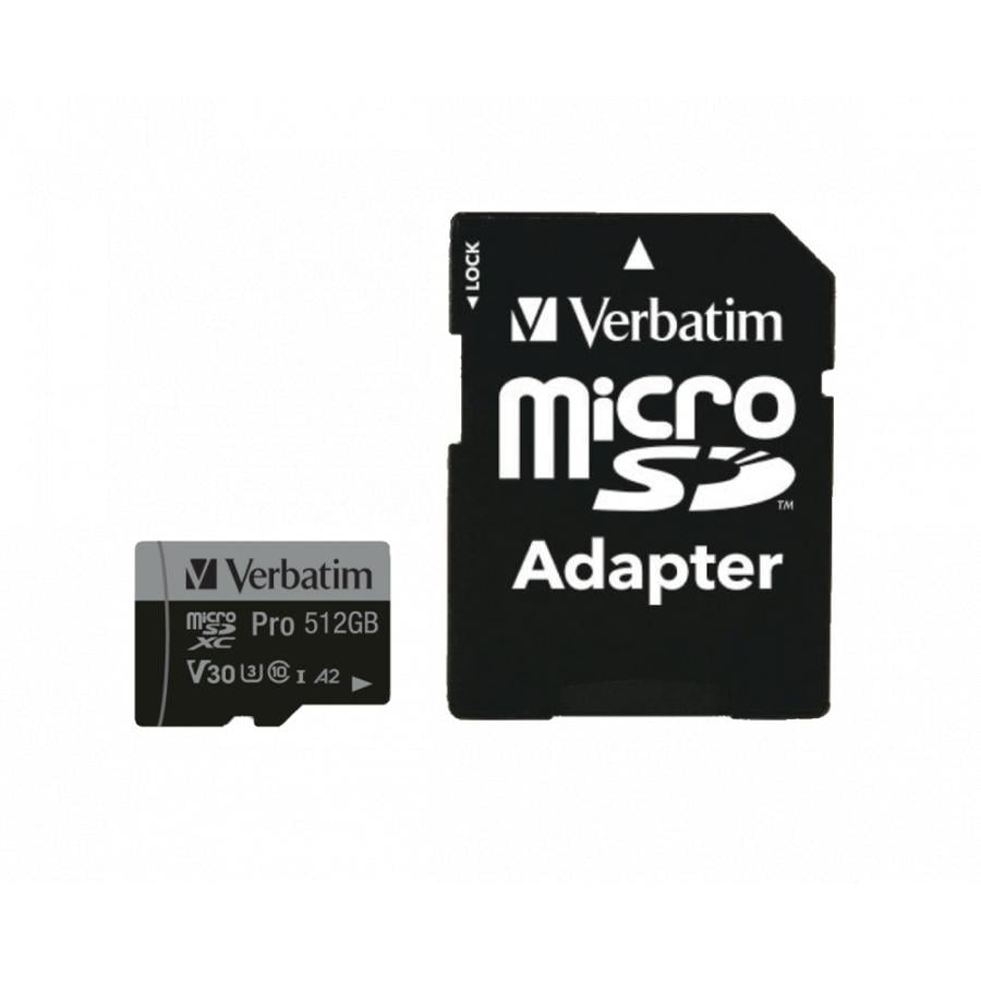 Verbatim 47046 Pro U3 512GB Micro SDXC Card, 512 GB, MicroSDXC, Class 10, UHS-I, 100 MB/s, 90 MB/s