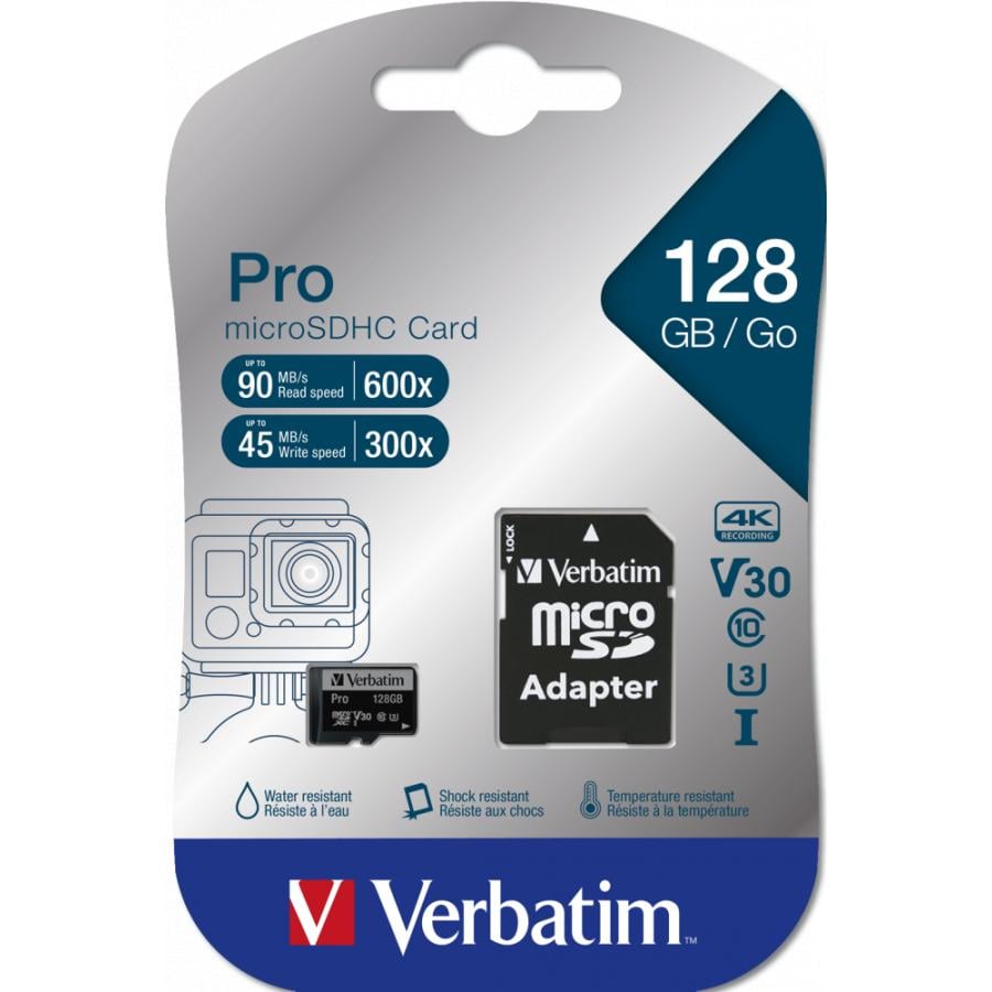 Verbatim 47044 Pro, 128 GB, MicroSDXC, Class 10, UHS-I, 90 MB/s, 45 MB/s
