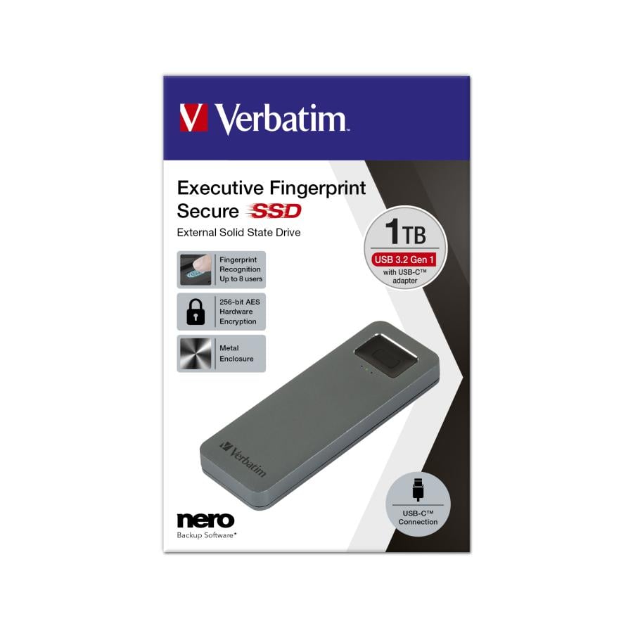 Verbatim 53657 Executive Fingerprint Secure SSD, 1 TB, USB Type-C, 3.2 Gen 1, 344 MB/s, 5 Gbit/s