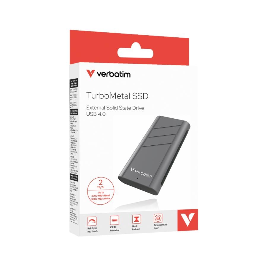 Verbatim 32022 TurboMetal SSD, 2 TB, USB Type-C, USB4 Gen 2x2, 3700 MB/s, 40 Gbit/s, Silver