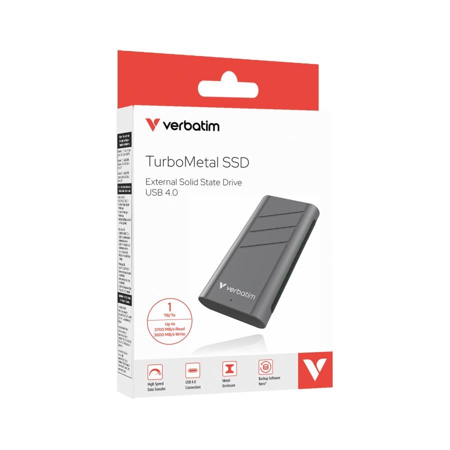 Verbatim 32021 TurboMetal SSD, 1 TB, USB Type-C, USB4 Gen 2x2, 3700 MB/s, 40 Gbit/s, Silver