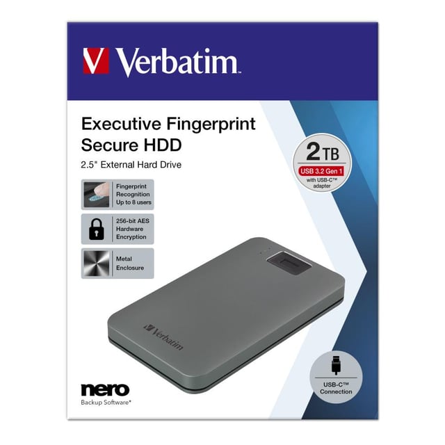 Verbatim 53653 Executive Fingerprint Secure HDD, 2 TB, 2.5", USB Type-C 3.2 Gen 1, 5400 RPM, Grey