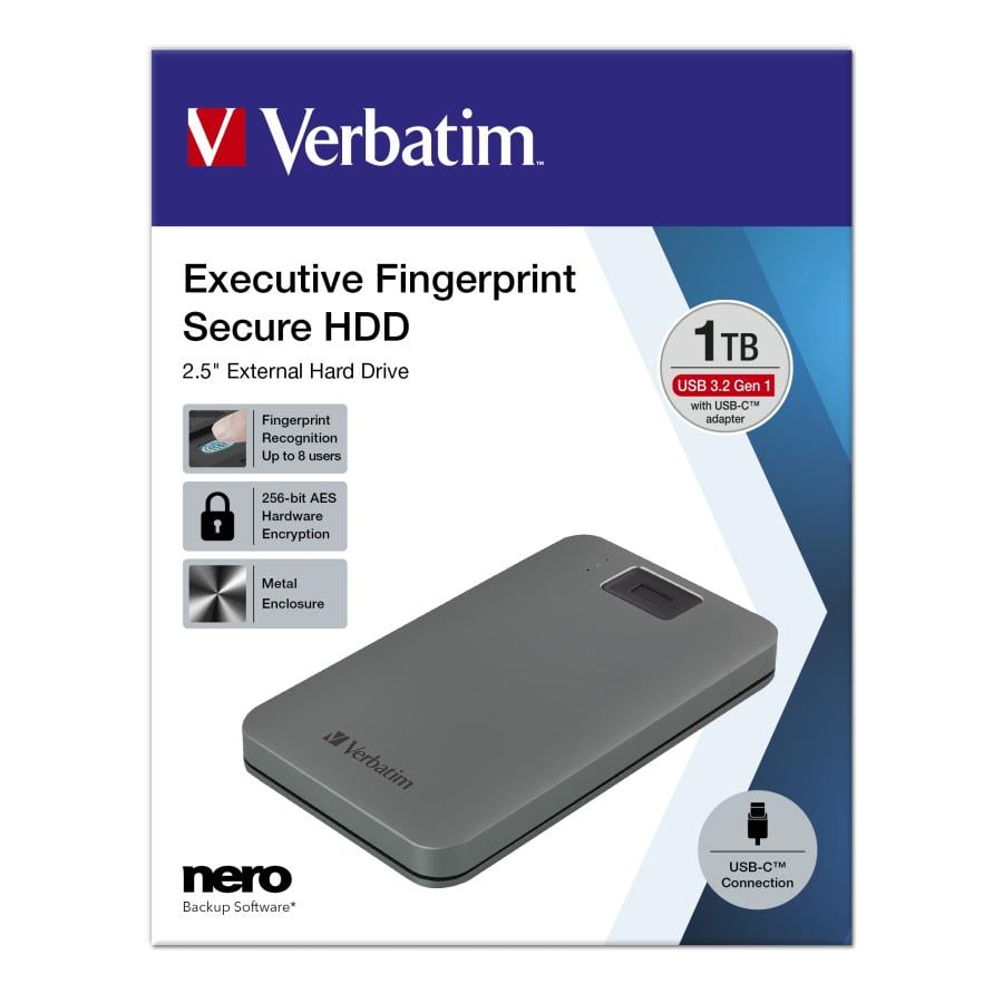 Verbatim 53652 Executive Fingerprint Secure HDD, 1 TB, 2.5", USB 3.2 Gen 1 Type-A, 5400 RPM, Grey