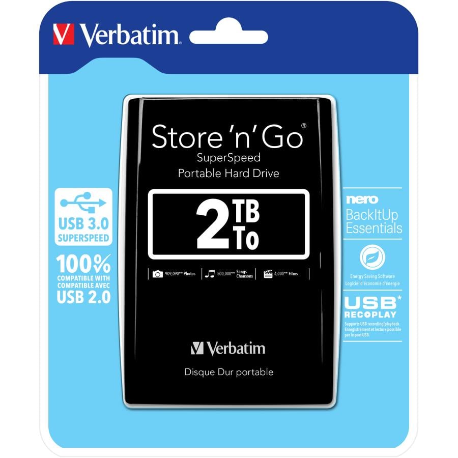 Verbatim 53177 Store "n" Go USB 3.0 Portable Hard Drive, 2 TB, USB 3.2 Gen 1, 5400 RPM, Black