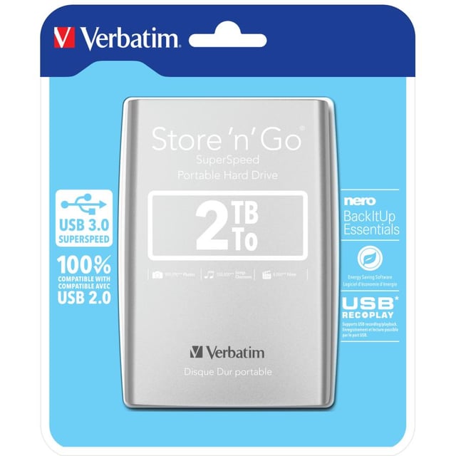 Verbatim 53189 Store "n" Go USB 3.0 Portable Hard Drive, 2 TB, USB 3.2 Gen 1 Type- 5400 RPM, Silver