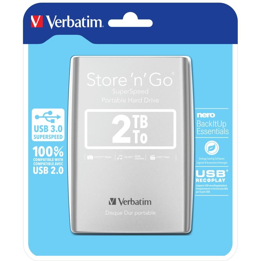 Verbatim 53189 Store "n" Go USB 3.0 Portable Hard Drive, 2 TB, USB 3.2 Gen 1 Type- 5400 RPM, Silver