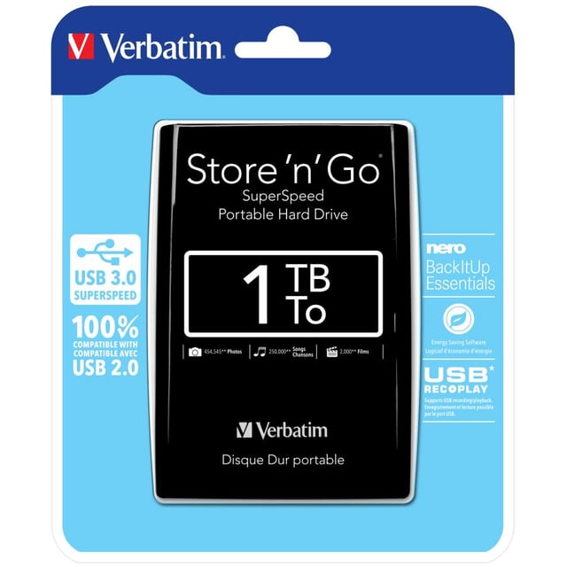 Verbatim 53023 Store "n" Go USB 3.0 Portable Hard Drive, 1 TB, 2.5", USB Type-A, 5400 RPM, Black