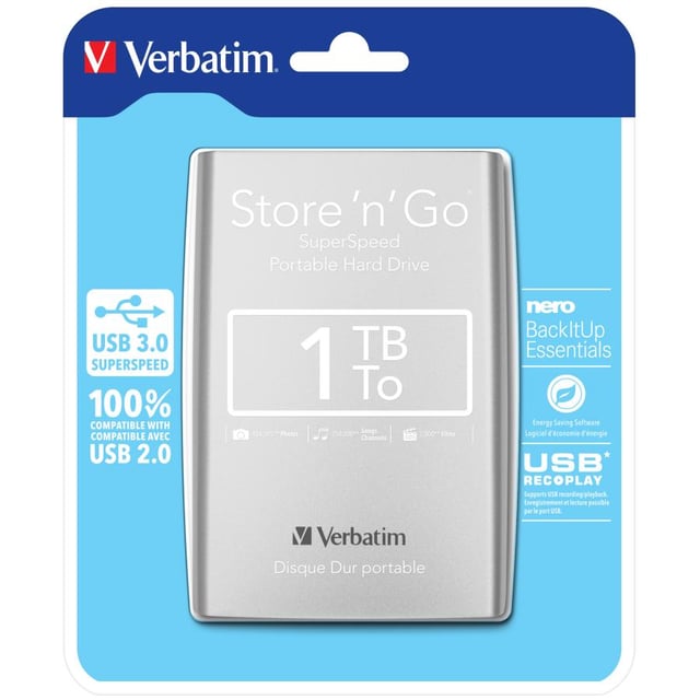 Verbatim 53071 Store "n" Go USB 3.0 Portable Hard Drive, 1 TB, 2.5", USB 3.2 Gen 1, Silver