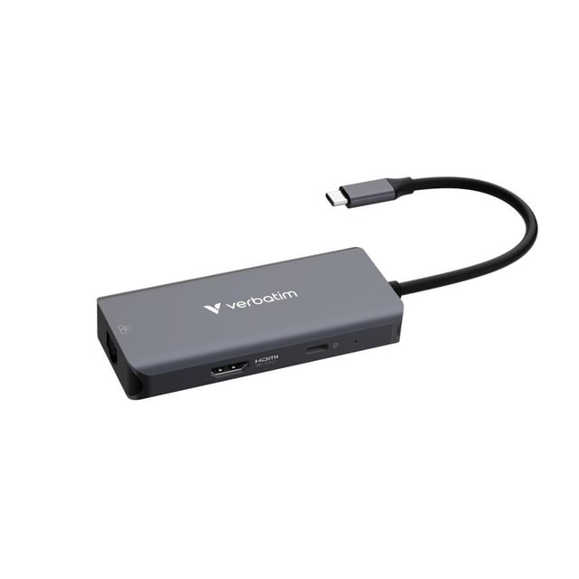 Verbatim 32157 USB-C Essentials Multiport Hub, HDMI 2160p, USB-C PD, 3x USB-A 3.2 Gen 1, RJ-45, Grey