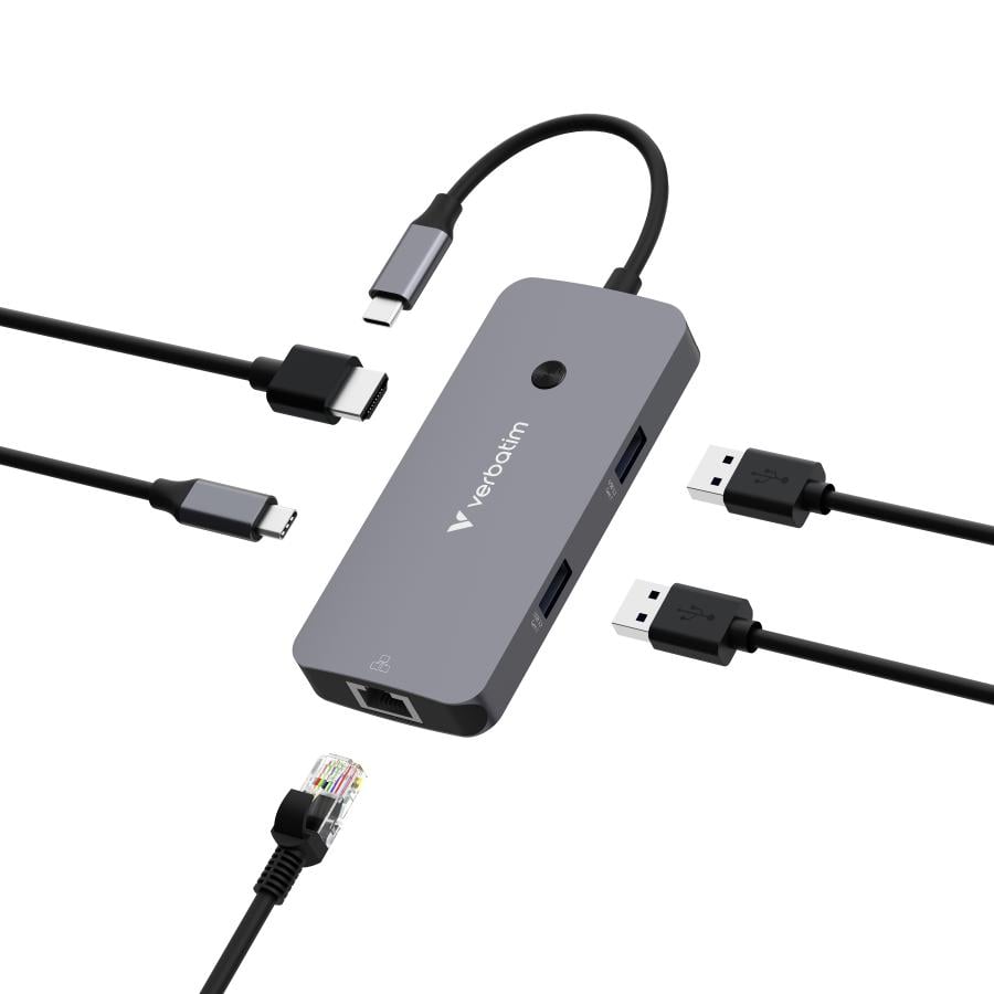Verbatim 32150 CMH-05 USB-C Pro Multiport Hub, 5 port, HDMI, RJ45, USB 3.2 Gen 1, USB Type-C, Silver
