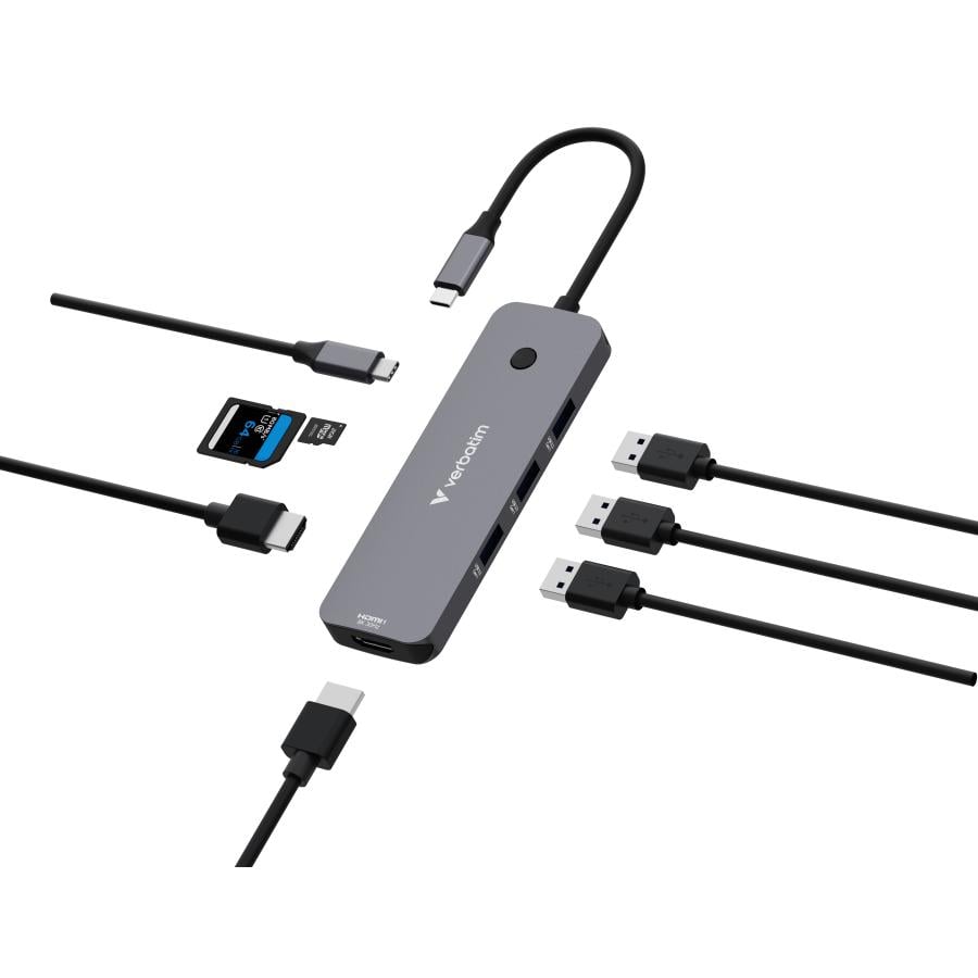 Verbatim 32151 CMH-08 Pro USB-C Multiport Hub, 8-port, HDMI, USB 3.2 Gen 1, MicroSD, SD, Silver