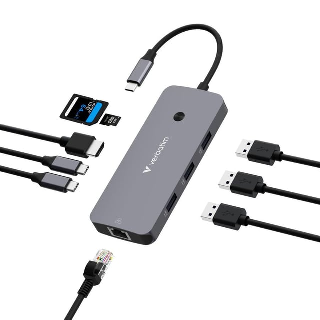 Verbatim 32152 CMH-09 USB-C Pro Multiport Hub, 9-port, HDMI, RJ-45, USB 3.2 Gen 1, MicroSD, SD