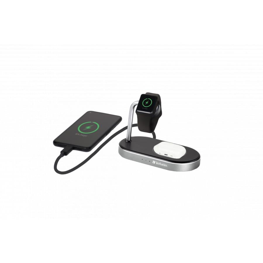 Verbatim WCS-02 49556 Aluminum 3-in-1 Qi MFi Wireless + Apple Watch + QC 3.0 Charger, 1.5m, Black
