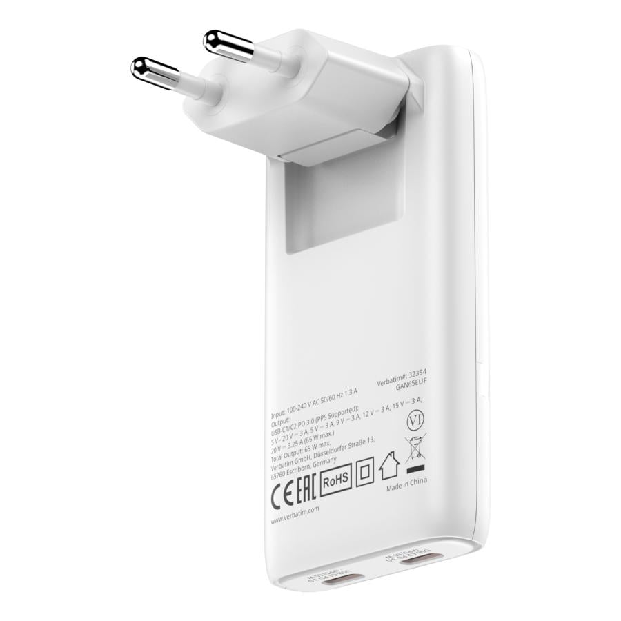 Verbatim 32355 Fold "n" Go GaN Charger 65W EU plug White, Indoor, AC, 20 V, White