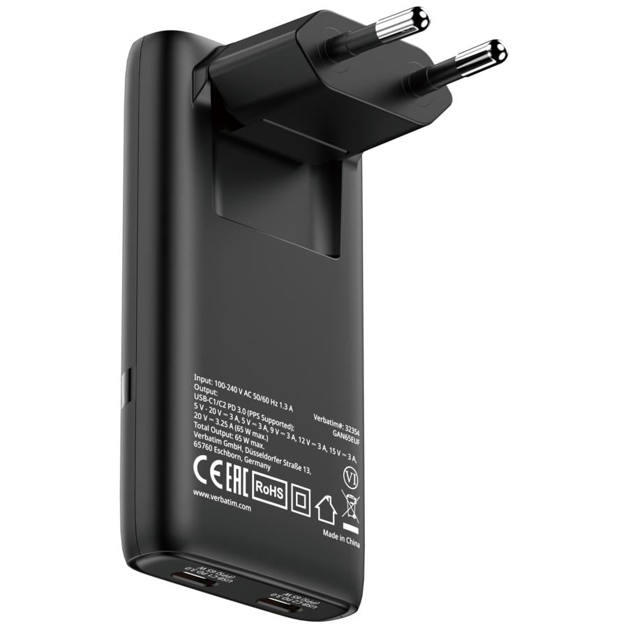 Verbatim 32354 Fold "n" Go GaN Charger 65W EU plug Black, Indoor, AC, 20 V, Black