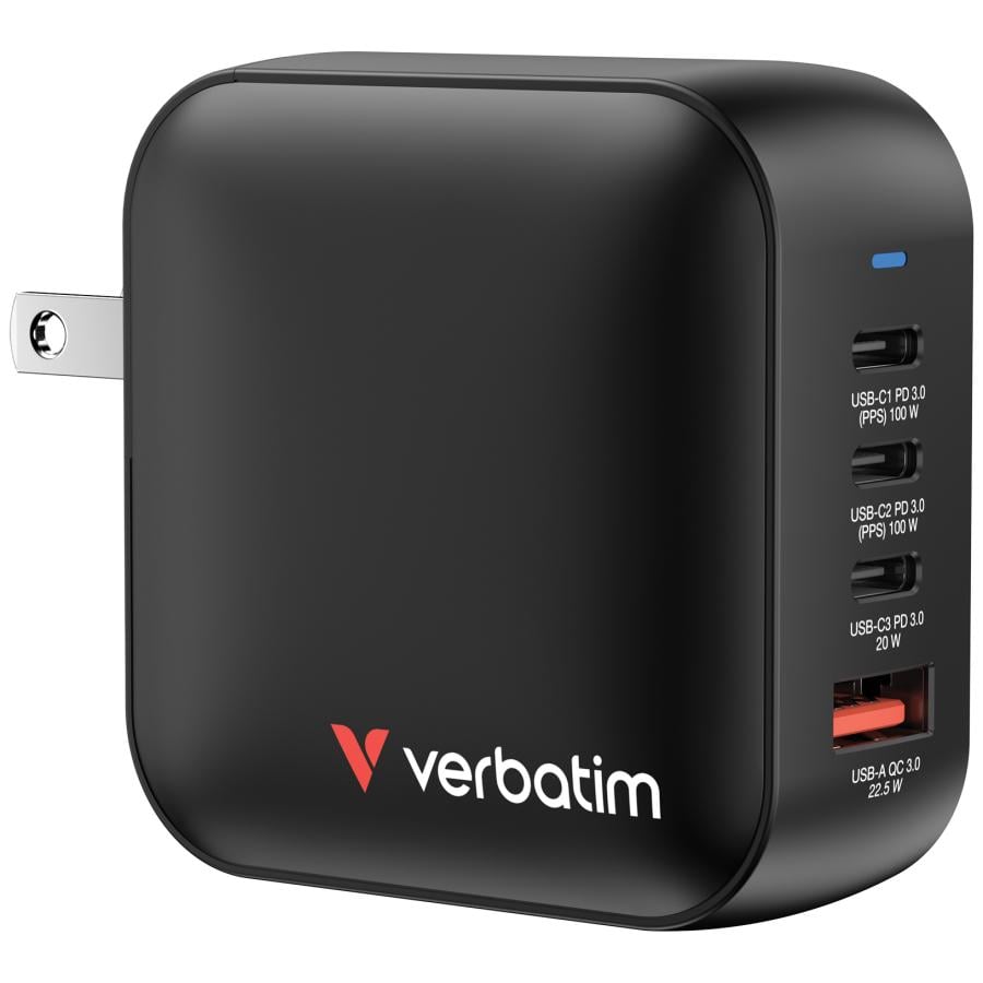 Verbatim 32231 Mini GaN Charger 100W 4 Port US plug with EU and UK adaptors, Indoor, AC, Black