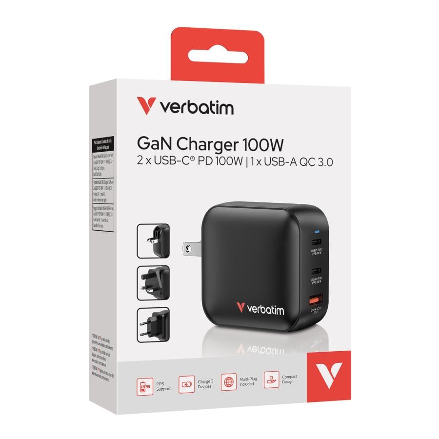 Verbatim 32230 GaN Charger US/EU/UK ADP, Indoor, AC, 100W, Black