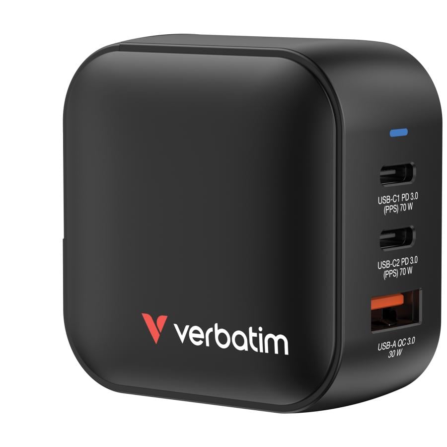 Verbatim 32229 Mini GaN Charger, 70W, 3 Port US plug with EU and UK adaptors, Indoor, AC, 20V, Black