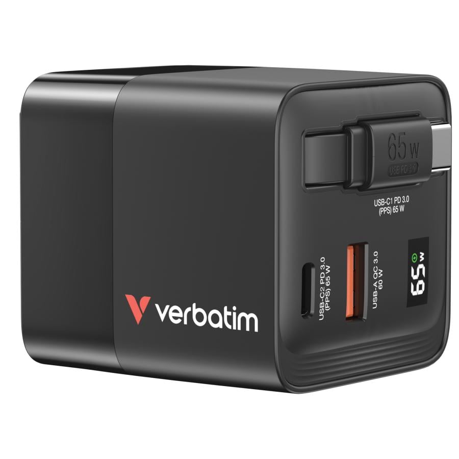 Verbatim 32217 GaN Charger with Retractable cable US/EU/UK, 65W, 2 Port, AC 20 V, 0.8m, Black