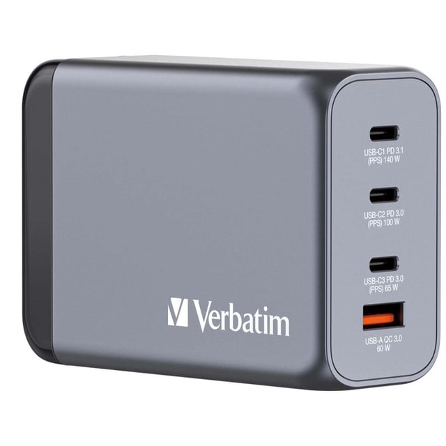Verbatim 32205 GNC-240 GaN Charger EU/UK/US, 240W, 4 port, USB A/C, AC 28 V, Black, Grey