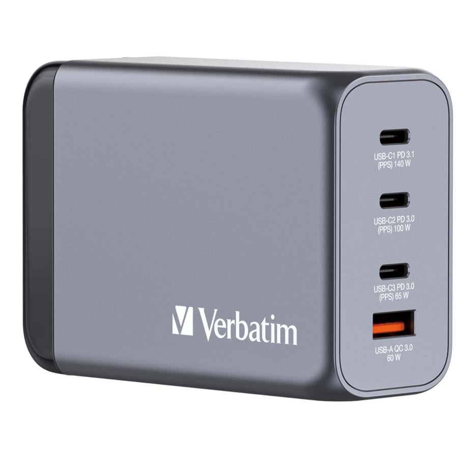 Verbatim 32205 GNC-240 GaN Charger EU/UK/US, 240W, 4 port, USB A/C, AC 28 V, Black, Grey
