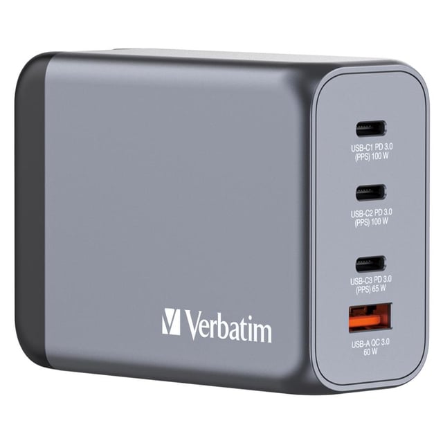 Verbatim 32204 GNC-200 GaN Charger EU/UK/US, 200W, 4 port, USB A/C, USB-C PD 100W, AC 21 V, Black