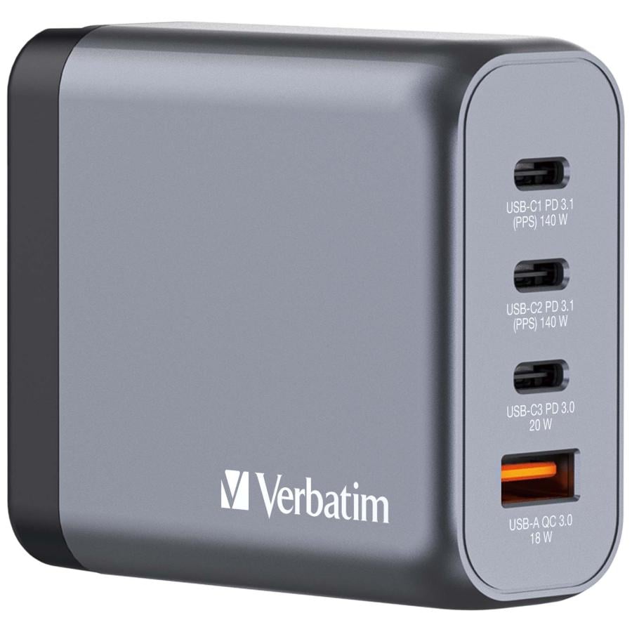 Verbatim 32203 GNC-140 GaN Charger EU/UK/US, 140W, 4 port, USB A/C, USB-C PD 140W, AC 20 V, Black