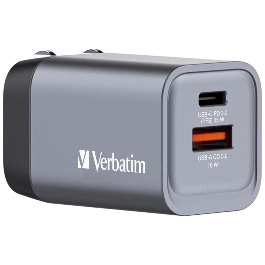 Verbatim 32200 GNC-35 GaN Charger EU/UK/US, 35W, USB-C PD 35W, USB-A QC 3.0, AC 20V, Black