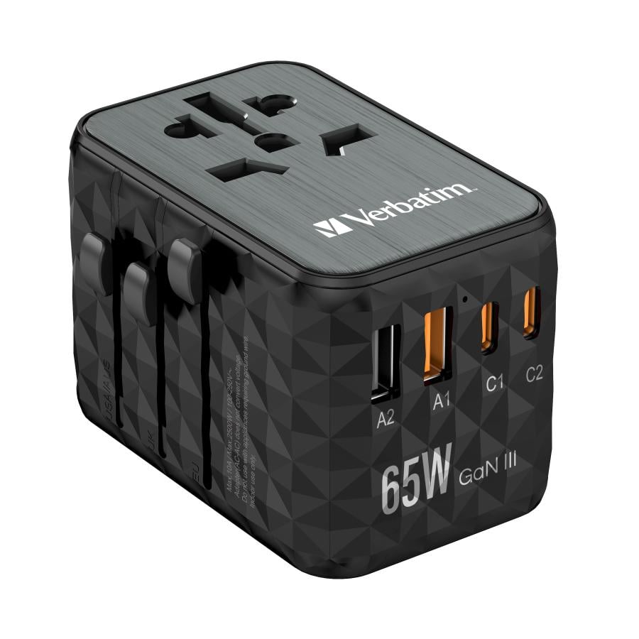 Verbatim 32120 UTA-05 65W GaN III Universal Travel Adapter with 2 x USB-C PD & QC 4+ & 2 x USB-A
