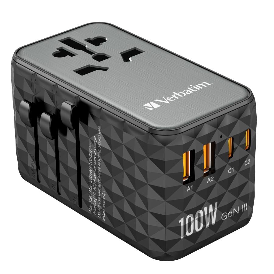 Verbatim 32121 UTA-06 100W GaN III Universal Travel Adapter with 2 x USB-C PD & QC 4+ & 2 x USB-A QC