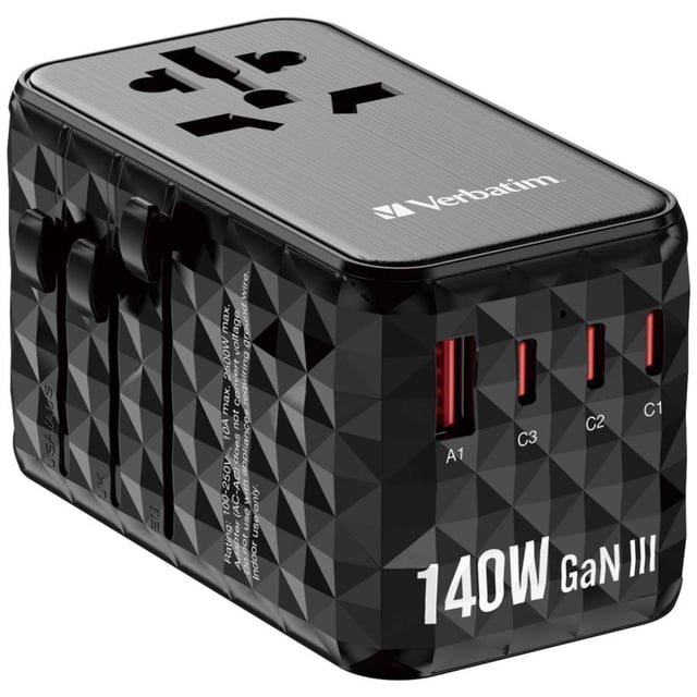 Verbatim 32125 UTA-10 140W GaN III Universal Travel Adapter with 2x USB-C PD 3.1 & QC 4+, USB-C PD 3